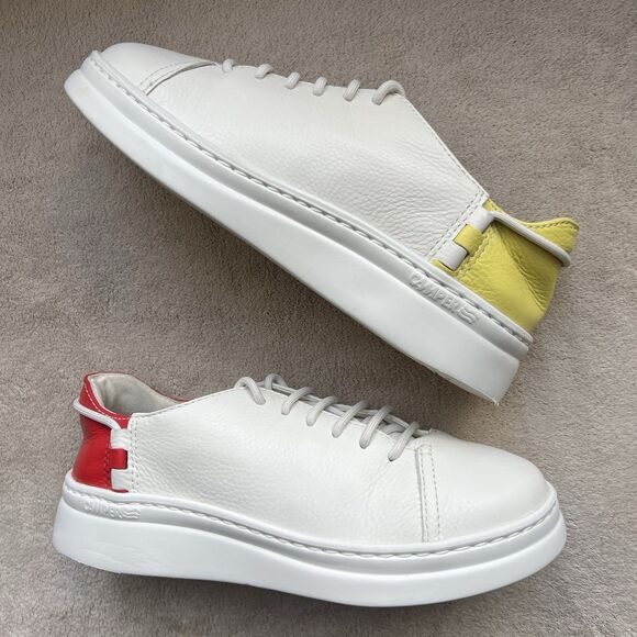 Camper Running Twins White Leather Sneakers Women EU 36 US 6 Red Yellow Heel - Picture 1 of 16